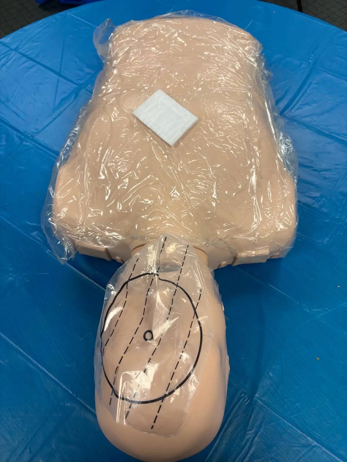 CPR training manikin on a blue-covered table at GAP